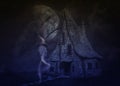 3D Abstract witch house in night forest and ghost Royalty Free Stock Photo