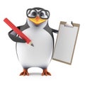 3d Academic penguin with a clipboard and pencil