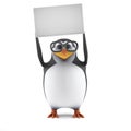 3d Academic penguin holds up a blank banner