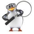 3d Academic penguin looks through a magnifying glass