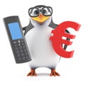 3d Academic penguin with phone and Euro symbol
