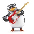 3d Academic penguin plays electric guitar