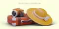 3D accessories of vacationer. Bright vector concept for advertising travel applications