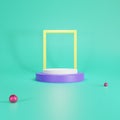 3D acid lime colored background with purple stand and pink balls