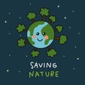 Earth smile around with tree saving nature cartoon
