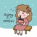 Enjoy every moment , woman drink bubble tea in winter cartoon illustration