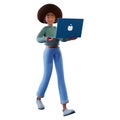 3D Afro Girl Cartoon Design working with a laptop