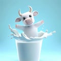 3D Ai Render of A Happy Cow Jumping in Milk Splash