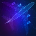 3d airplane. Abstract top view wireframe. Digital airliner and world map concept in dark blue background. Low poly mesh