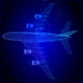 3d airplane. Digital airliner and world map concept in dark blue background. Low poly mesh with dots, lines and glowing