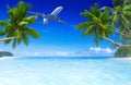 3D airplane flying over a tropical beach Royalty Free Stock Photo
