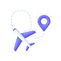 3D Airplane route illustration. Travel from the starting point to the location pin. Travel icon