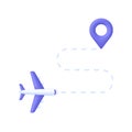 3D Airplane route illustration. Travel from the starting point to the location pin. Travel icon. Royalty Free Stock Photo