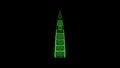 3D Al Faisaliyah Tower on black background. Object consisting of green flickering particles. Science concept. Abstract