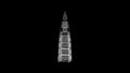 3D Al Faisaliyah Tower rotates on black background. Object consisting of white flickering particles 60 FPS. Science
