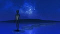 3D alien stood on stepping stones in ocean against night sky Royalty Free Stock Photo