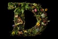 D alphabet letter made out of leaves plants and flowers isolated on black background illustration generative ai Royalty Free Stock Photo