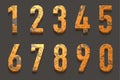 3d alphabet, set of rusted numbers, dark background, 3d illustration