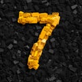 3d alphabet, set of yellow numbers and symbols made of bricks on a dark background, number seven, graphic design and decoration, a