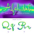 3D neon led alphabet font. Logo Q letter, R letter with rounded shapes. Matte three-dimensional letters from the tube, rope green