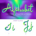 3D neon led alphabet font. Logo J letter, I letter with rounded shapes. Matte three-dimensional letters from the tube, rope green