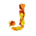 3d alphabet, uppercase letter J made of leaves, 3d rendering, autumn