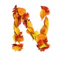 3d alphabet, uppercase letter N made of leaves, 3d rendering, autumn