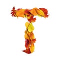 3d alphabet, uppercase letter T made of leaves, 3d rendering, autumn