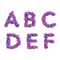 3d alphabet, uppercase letters made of multicolored little spheres, 3d render, A B C D E F