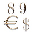 3d alphabet, uppercase and lowercase serif font, golden letters, 3d render, 8 9 euro and dollar symbols