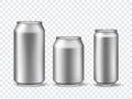 3d aluminum cans. Realistic can mockups in 3 size. Metallic tin for beer, juice, soda drink or lemonade. Canned beverage