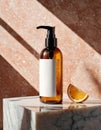3D Amber Spray Mockup with a lemon slice on a marble podium with sun shadows. Promotion of natural cosmetics Royalty Free Stock Photo