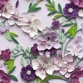 Purple And White Paper Floral Seamless Pattern With Green Leaves