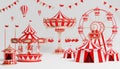 3d amusement park, circus, carnival fair theme podium with many rides and shops circus tent 3d illustration