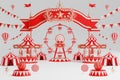 3d amusement park, circus, carnival fair theme podium with many rides and shops circus tent 3d illustration