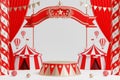 3d amusement park, circus, carnival fair theme podium with many rides and shops circus tent 3d illustration