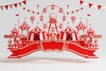 3d amusement park, circus, carnival fair theme podium with many rides and shops circus tent 3d illustration