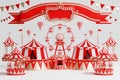 3d amusement park, circus, carnival fair theme podium with many rides and shops circus tent 3d illustration