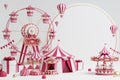 3d amusement park, circus, carnival fair theme podium with many rides and shops circus tent 3d illustration