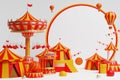 3d amusement park, circus, carnival fair theme podium with many rides and shops circus tent 3d illustration