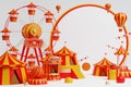 3d amusement park, circus, carnival fair theme podium with many rides and shops circus tent 3d illustration