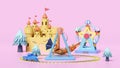 3d amusement park concept with teddy bear viking ship, railroad tracks, ferris wheel, landscape, castle, towers isolated on pink. Royalty Free Stock Photo