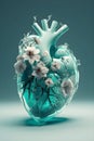 3d anatomical human heart with venous system. Transplant concept. Crystal cyan cardiac organ. Symbol of love, spring flowers.
