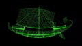 3D ancient ship galley on black bg. Historical scientific concept. For title, text, presentation. Shimmering particles