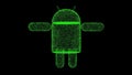 3D Android Robot on black bg. Business advertising backdrop. Science concept. For title, text, presentation. Object made