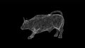 3D angry ferocious bull on black bg. Object dissolved white flickering particles. Business advertising backdrop. Science