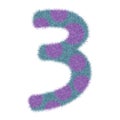 3D Animal Fur Blue color with Purple Polka dots Number 3 Three, decorative character element isolated in white background.