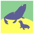 Motherly love - illustration of sea lion with cub