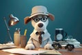 Attorney dog wearing glasses, hat and tie working at the office , Generative AI