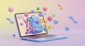 3d animated backpack concept emerging from laptop screen with colorful bubbles white background Royalty Free Stock Photo